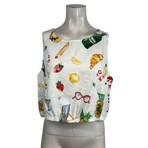 CALYPSO - WOMEN'S LARGE - CREAM CROP RESORT VACATION LINEN BLEND TOP